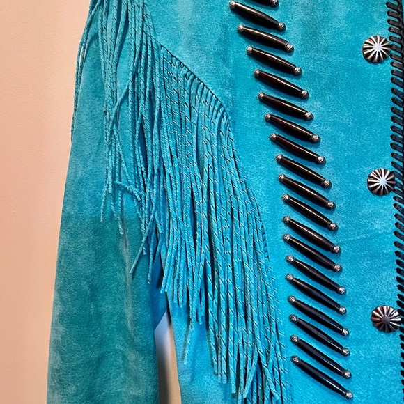Vintage Suede Fringe Western Style Jacket, Turquoise with Beading Boho - Picture 2 of 11